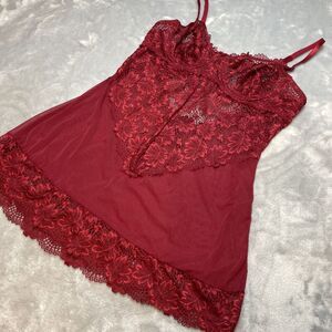 Oh La La Cheri Babydoll Cami Chemise Womens L Red Floral Lace Sheer Underwire